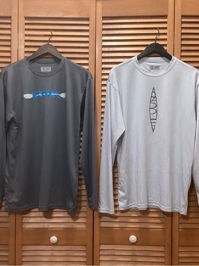 2 - Men's Long-Sleeve Rash-guard Shirts w/Kayak Logos - Charcoal and Light Gray